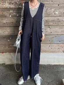 FRIFUL Women's Solid Color Casual Denim Bib Pants Jumpsuit - Blue - View 4