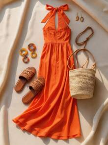 Breezaya Burnt Orange Summer Elegant Tropical Holiday Vacation, V-Neck Wrap Cinched Waist Ruched Midi Dress, Women's French Chic Greece Resort Wear - Orange - View 4