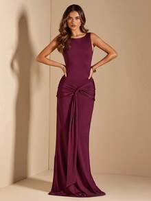 SHEIN BAE 女士纯色茄紫色圆领无袖腰部系带露背优雅性感度假连衣裙，春夏款 - 紫色 - 查看 6