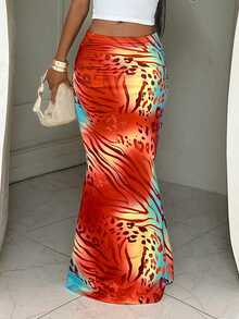 BamGleam Women's Vacation Printed Pattern Fitted Mermaid Skirt - Orange - View 3