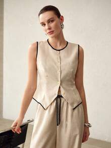 MOTF PREMIUM CONTRAST BINDING BUTTON PLACKET SLIM WAIST TANK TOP - Apricot - View 7