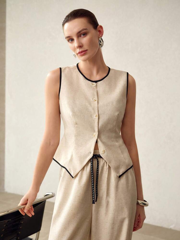 CONTRAST BINDING BUTTON PLACKET SLIM WAIST TANK TOP