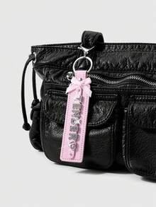 ROMWE 1款全新韩版甜美酷炫时尚精致暗黑哥特风黑/粉色皮革织带蝴蝶结亮银色水钻字母爱心骨头DIY钥匙扣配饰包包挂件，颜色随机，适合情侣、姐妹、女友、女孩和女士日常佩戴、节日礼物 - 彩色 - 查看 6