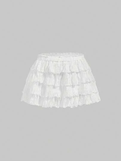 ROMWE Kawaii Summer Outfits For Women, Cream Textured Fabric Sweet Cake Skirt Hem Patchwork Low Waist Mini Skirt, Suitable For Multiple Occasions