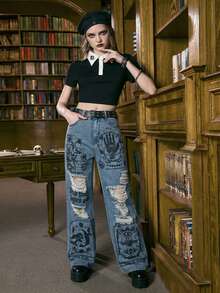 ROMWE Academia 休闲水洗深色印花做旧牛仔裤 - 藍色 - 查看 3