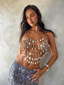 Aloruh 女士春夏新款钩针编织露背比基尼罩衫，海洋元素装饰配饰，奢华派对/音乐节，女士度假装 - 卡其色 - 查看 6