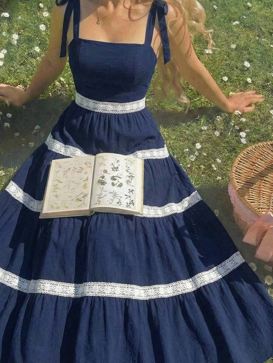 SHEIN MOD 女士蕾丝拼接打结无袖撞色连衣裙，休闲夏季款 - 藏蓝色 - 查看 1