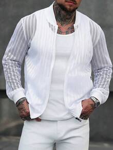 Manfinity CasualCool Men's Striped Mesh Long Sleeve Zip Front Casual Baseball Jacket - White - View 4