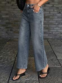 DAZY 女士直筒九分休闲牛仔裤 - 中等水洗藍 - 查看 2