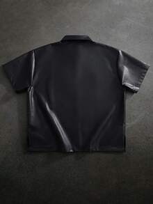 SLATEMANN Áo sơ mi nam tay ngắn, màu trơn, chất liệu da PU, có khóa kéo, kiểu dáng thường ngày, phù hợp đi làm, mùa hè. - màu đen - Xem 2