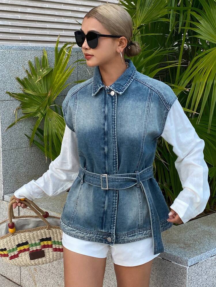 Women's Square Neck Sleeveless Belted Loose Denim Vest, Casual Denim Top