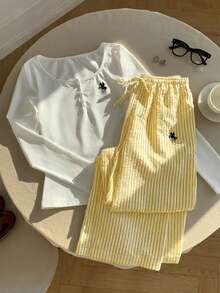 Comfortcana طقم كاجوال مكون من قميص بأكمام طويلة مطبوع عليه طبعة فارس وبنطال مخطط قطعتين للنساء - أصفر - مشاهدة 4