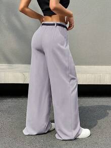 SHEIN EZwear 女士浅薰衣草色褶皱高腰系带阔腿休闲裤，适合工作和通勤穿着。 - 淺灰紫 - 查看 2