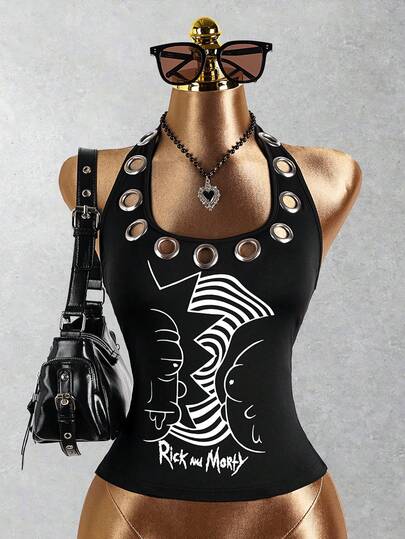 Rick and Morty X SHEIN 女士夏季时尚金属孔眼装饰露背吊带上衣