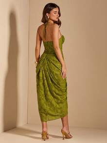 SHEIN BAE Vestido elegante y sexy para mujer con detalles de halter, lazo y abertura lateral alta, en tejido jacquard de color verde sólido, adecuado para vacaciones, citas, festivales de música, cumpleaños, brunch, invitados de boda, damas de honor - Verde - Ver 2