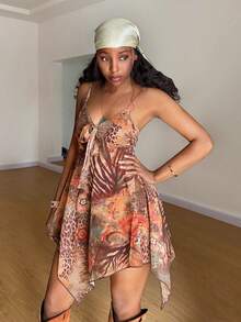 StreetHx Women's Leopard Print Asymmetrical Hem Camisole Dress, Summer,Vacation Outfits Women ,Afro Boho Outfits - Brown - View 4