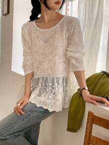 DAZY Women's Lace Ruffle Trim Long Sleeve Blouse - White - View 4