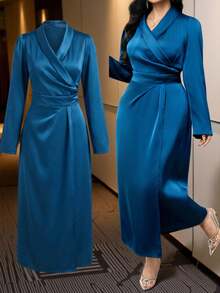 Modelyn Plus Size Solid Color Wrap Ruched Elegant Long Sleeve Dress - Blue - View 5