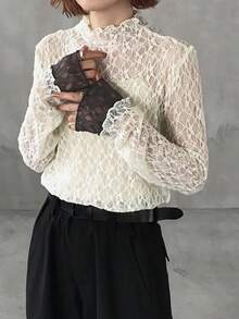 FRIFUL Áo nữ tay dài cổ tròn phối màu tương phản, chất liệu ren xuyên thấu, kiểu dáng thường ngày, đa năng, thích hợp cho mùa thu/đông. - Màu be - Xem 4