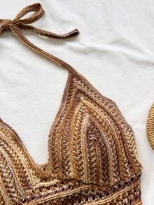 Soleia Women's V-Neck Halter Tie Backless Crop Top And Fringe Hem Mini Skirt 2 Piece Set, Suitable For Party, Christmas, Date Night, Nightclub, Bohemian, Boho, Vacation, Fall - Multicolor - View 3