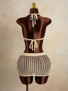 Swim Vcay 2026 New Arrival Women's 2-Piece Bikini Set, Fashionable Hollow-Out Streetwear For Music Festival, Beach Party, Casual Dress, Sexy Crochet Knit Crop Top And Mini Skirt Set - Khaki - View 2