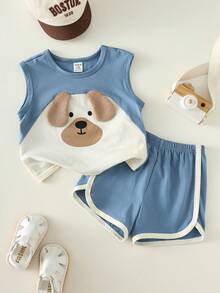 Bộ 2 món cho bé trai, gồm áo ba lỗ và quần short in hình hoạt hình dễ thương, phối màu tương phản, trang phục mùa hè đáng yêu. - Nhiều màu - Xem 3