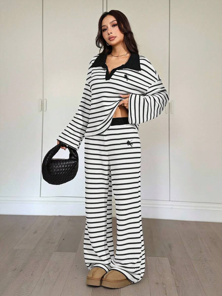 SHEIN PETITE 女士提花条纹骑士图案落肩长袖上衣和裤子休闲套装两件套家居服条纹睡衣套装，舒适的秋冬女装，秋季，女士夏季秋装 - 彩色 - 查看 1