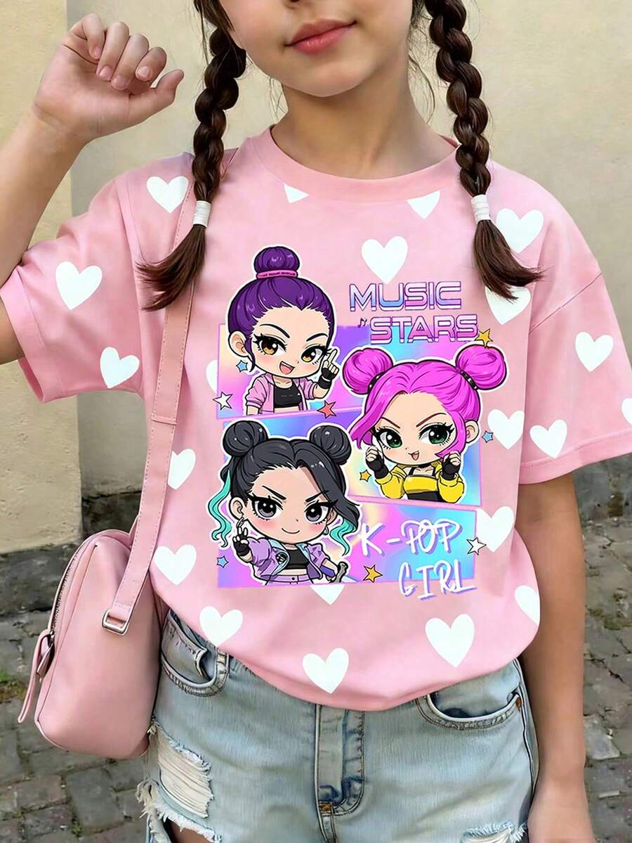 1pc Young Girl Cute Style Pink Top With Allover Heart Print,Loose Fit,Suitable For Summer,School,Great Valentine's Day Gift For Girls,Tops - Baby Blue - View 1