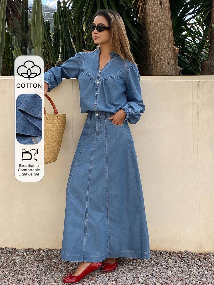 Women's Frill Trim Palace Style Denim Shirt And Long Denim Skirt Elegant Denim Set