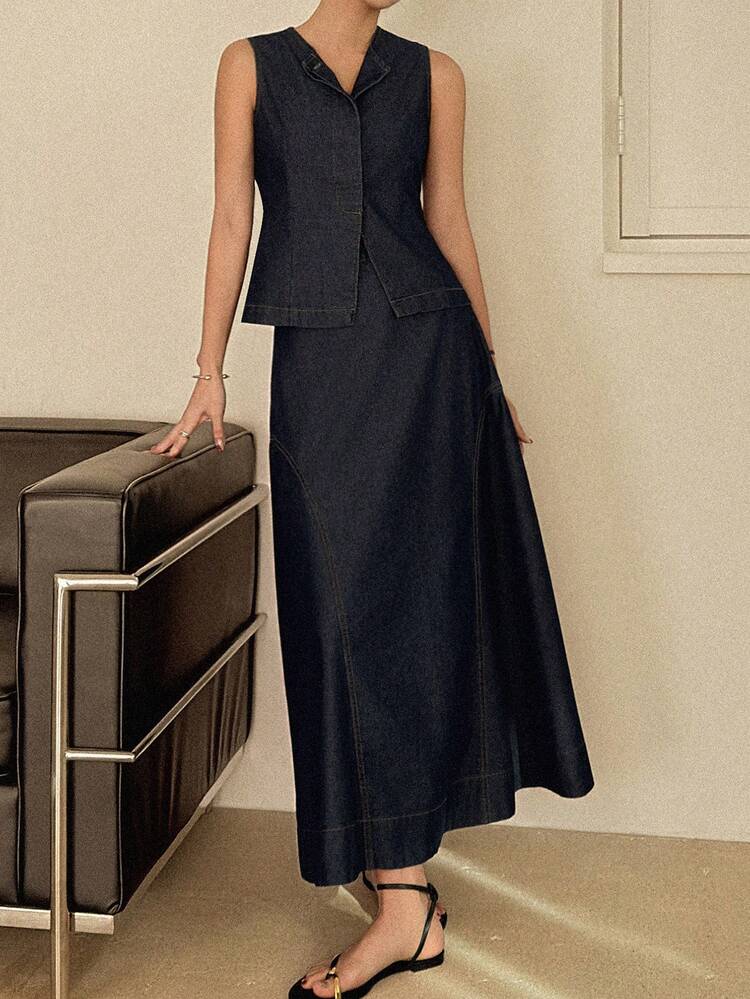 Women's Casual Denim Suit - Collared Sleeveless Cardigan And Long Skirt
