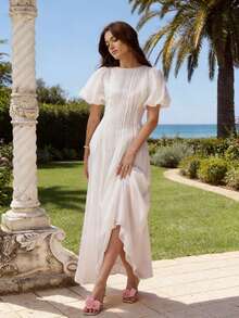 Enchnt 女士优雅派对纯色泡泡袖连衣裙 - 白色 - 查看 9