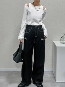 FRIFUL 女士分肩T恤，夏季款 - 白色 - 查看 2