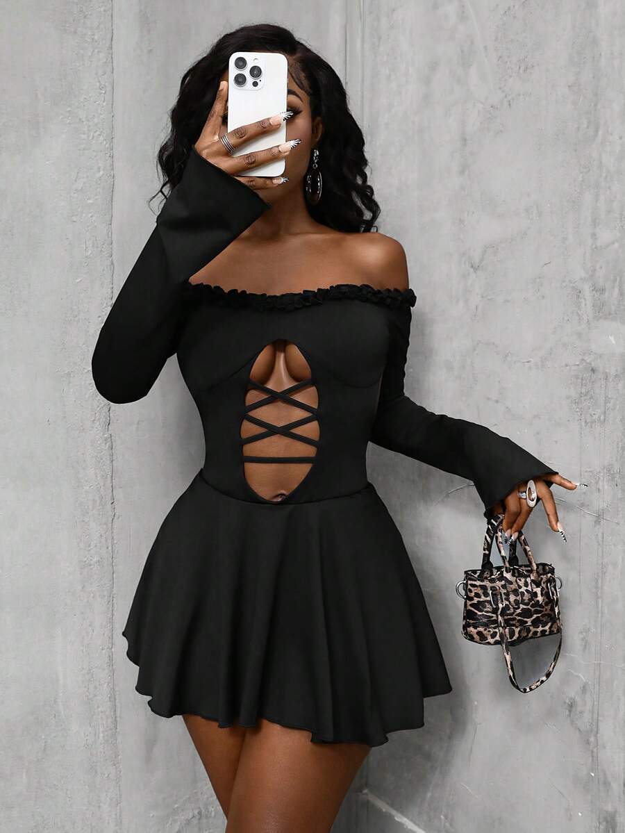 Glyssa Women's Sexy Off Shoulder Sleeveless Backless Lace-Up Long Sleeve Dress - Black - View 1