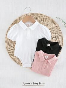 Cozy Pixies 3pcs Baby Girl Solid Color Soft Knit Collared Short Sleeve Romper Set - Multicolor - View 3