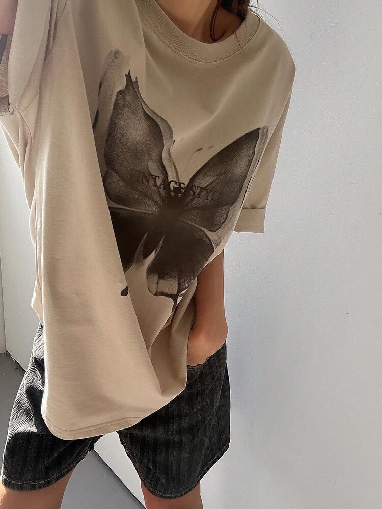 Women's Butterfly Print Round Neck Drop Shoulder Casual Loose T-Shirt Graphic Tees Women