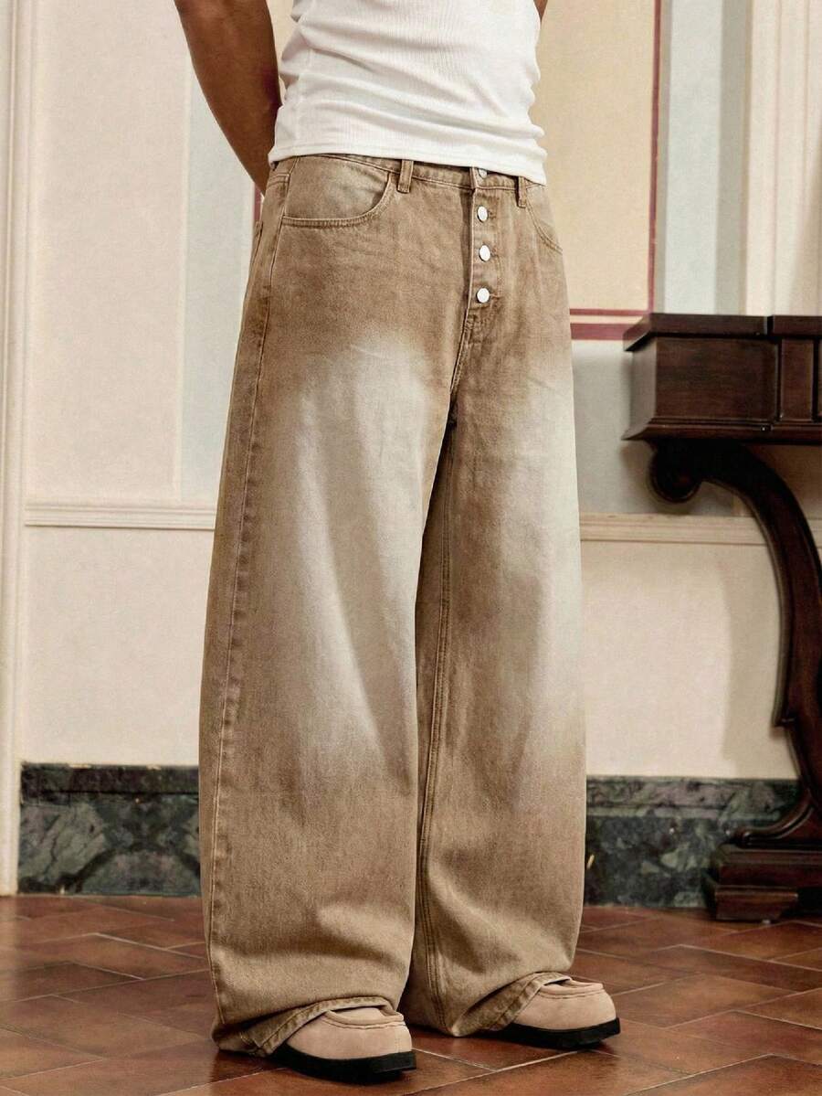 SWAVVY Men's Casual Washed Retro Wide Leg Jeans
