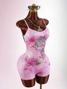Amplova Women's Cross Rhinestone & Floral Print Camisole Backless Bodycon Romper - Pink - View 4