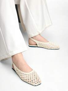 Mnmlis Women's New Fashion Woven Hollow Slip-On Flat-Bottomed Square Toe Shoes - Apricot - View 10