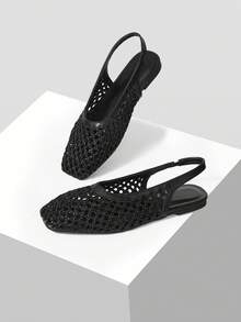 Mnmlis Women's New Fashion Woven Hollow Slip-On Flat Square Toe Loafers - Black - View 6