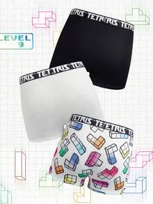 Tetris™ X SHEIN 3pcs Men's Boxer Briefs With Digital Cube Print & Elastic Waistband - Black and White - View 2