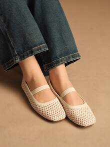 Rosivie 黑色网眼编织舒适简约透气弹力带女士平底鞋，优雅度假风和波西米亚风 - 編織網杏色 - 查看 7