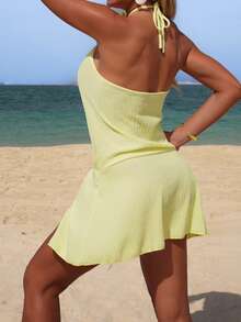 Swim Chiccia Spring/Summer Beachwear Pale Yellow Textured Fabric Sexy Halter Hollow Out Dress, Vacation Casual Cover Up - Light Yellow - View 2