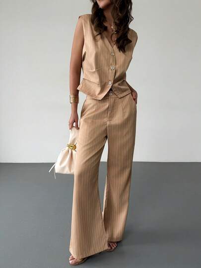 RiviMae Islalun Women's Striped Suit Vest With Waist Cinching, Sleeveless Flared Leg Pants Set