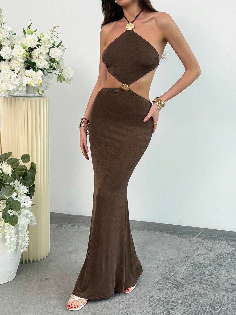 Aloruh 女士露背吊带鱼尾连衣裙 - 咖啡 - 查看 1