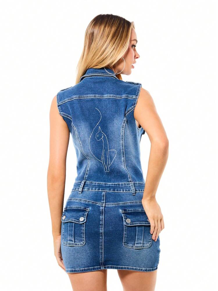 BABYPHAT ロゴ刺繍デニムミニドレス ユーティリティポケット フロントジッパー開閉 ノースリーブ カラー付き スタイル 秋ファッションステートメント