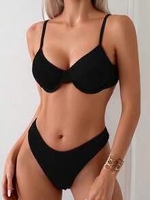 SHEIN Swim Bộ Bikini hai mảnh họa tiết màu trơn, đi biển mùa hè - màu đen - Xem 1