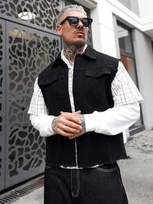Artur Kramer Men's Single-Breasted Frayed Casual Denim Vest Jacket Boyfriend & Husband Business Casual Regular Washed Black For Slim Fit College Mens Grunge Clothes - Black - View 6