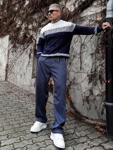 Artur Kramer Men's Striped Loose Pocket Casual Pants Baggy Clothes For Men Mens Navy Pinstripe Pants Mens Navy Blue Pin Strip Pants Mens Pinstripe Baggy Pants - Black and White - View 6