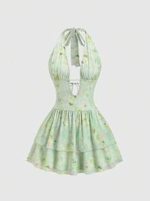 Sweetra Women's Tie-Neck Ruched Mini Dress, Fashionable For Dates And Parties - Multicolor - View 1