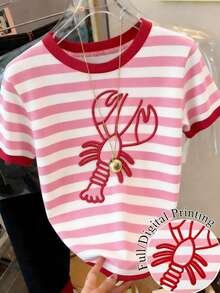 Resyla 女士休闲条纹龙虾印花圆领短袖T恤，夏季 - 彩色 - 查看 1